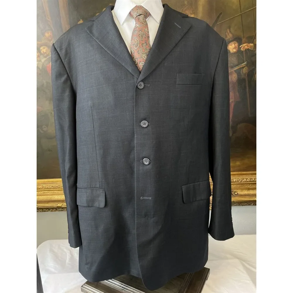 Vitali 50L 40 x 28 3pc Dark Gray Subtle Windowpane 4Btn Suit‎ Vest Waistcoat